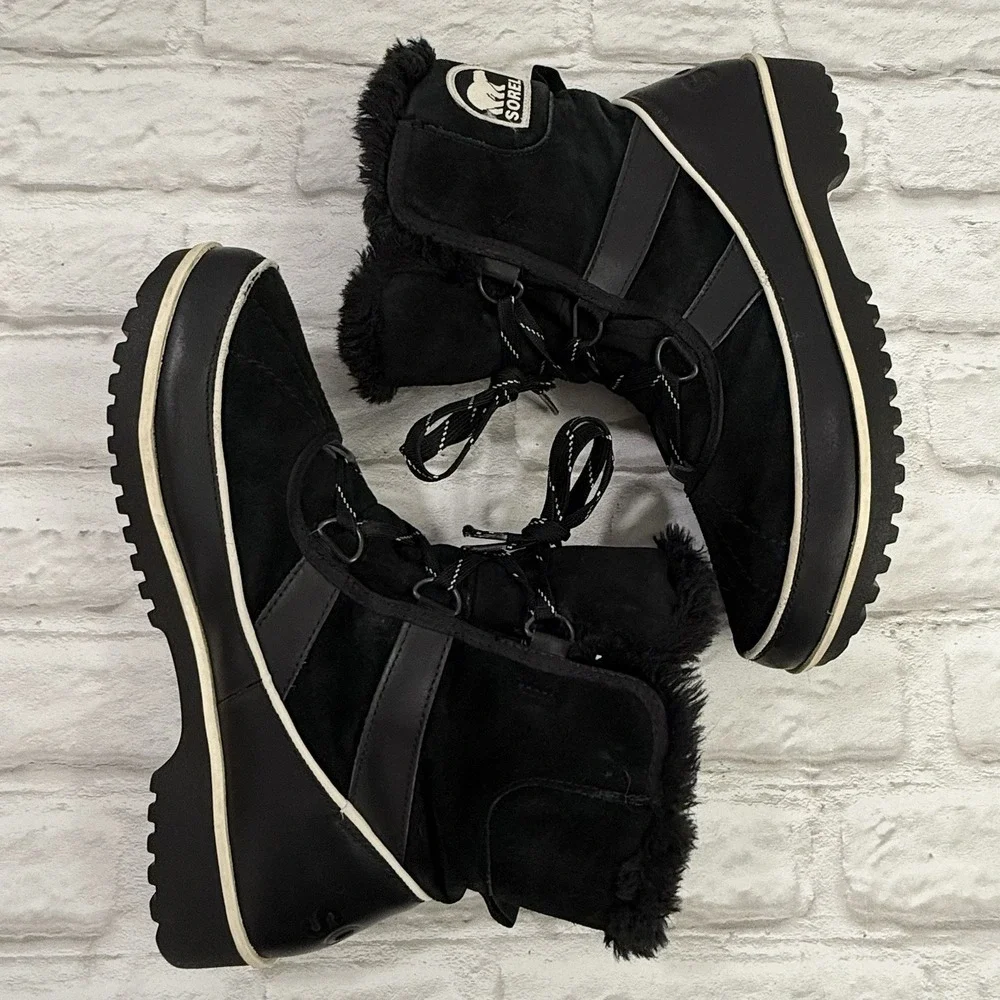 Sorel Tivoli Winter Snow Boot Womens Sz 10.5 Waterproof‎ Black Leather Lace-Up